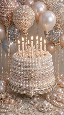 a birthday cake with lit candles surrounded by balloons and confetti, festive vertical composition, no text