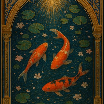 A koi pond seen from above, orange and white koi fish swimming among lily pads, clear water with subtle ripples, fallen cherry blossom petals floating on the surface, dappled sunlight