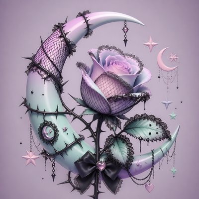 a rose entwined with a crescent moon, clean balanced composition on a plain background, no text