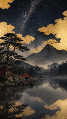 a tranquil mountain lake beneath a starry night sky, no people, no text