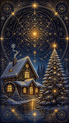 a snow-covered cottage with warm glowing windows beside a decorated pine tree, gentle snowfall, no text