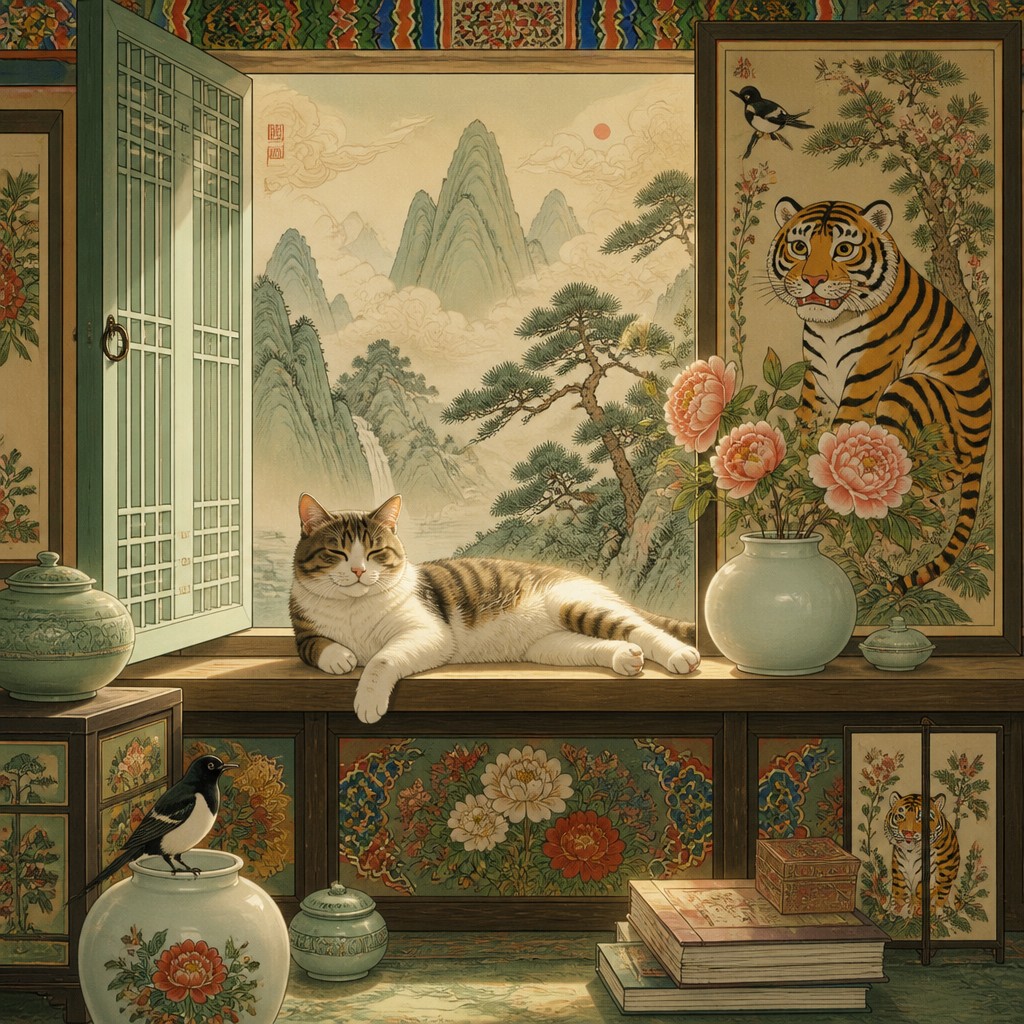 a cat lounging in a sunlit window — Korean Art Style