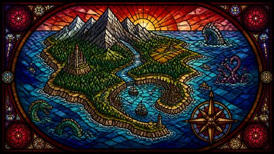 a map of an island realm with mountains, forests, a sheltered bay, sea monsters in the water and a compass rose, no text labels