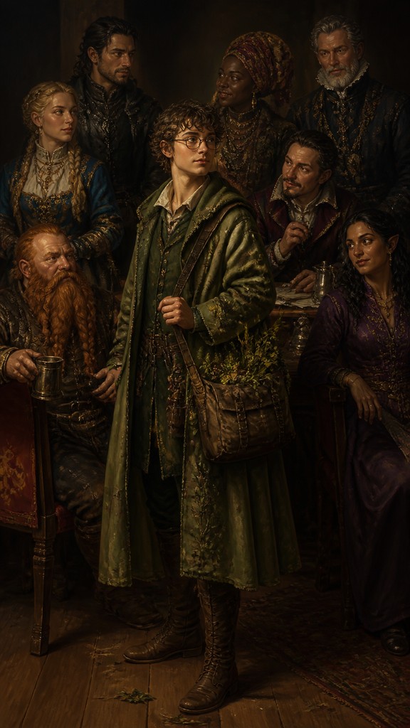 full-body original character: a wandering botanist with a satchel of plants, a patched green cloak, tall boots and round glasses, neutral background