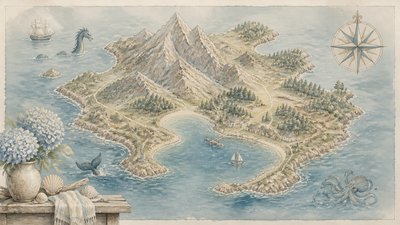 a map of an island realm with mountains, forests, a sheltered bay, sea monsters in the water and a compass rose, no text labels