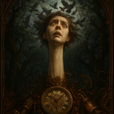 An extreme low-angle perspective shot, looking vertically up toward the sky. Alice’s impossibly long, pale neck stretches out of frame through the dense, gnarled canopy of the dark Wonderland forest. Her head, massive and distorted by the perspective, is visible against a turbulent, twilight sky. Her expression is one of confusion and fear. Small, furious Pigeons swarm her head like bothersome insects. The scene is lit by eerie moonlight filtering through the leaves, emphasizing the dramatic scale and height. Photorealistic fantasy, volumetric fog, moody atmosphere.