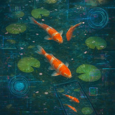 A koi pond seen from above, orange and white koi fish swimming among lily pads, clear water with subtle ripples, fallen cherry blossom petals floating on the surface, dappled sunlight