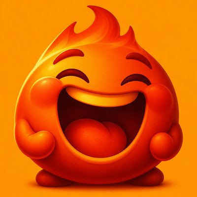 an exaggerated laughing face of an original round mascot character, bold and readable at small size, plain background, no text