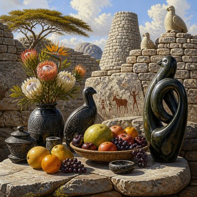 still life arrangement of fruits and flowers