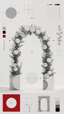 an arch of white roses and eucalyptus in soft morning light, elegant vertical composition with open space, no text