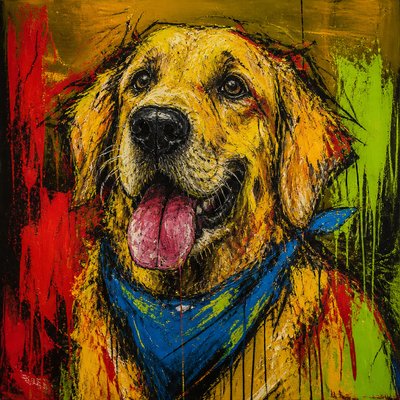 portrait of a golden retriever wearing a blue bandana, warm plain backdrop, no text