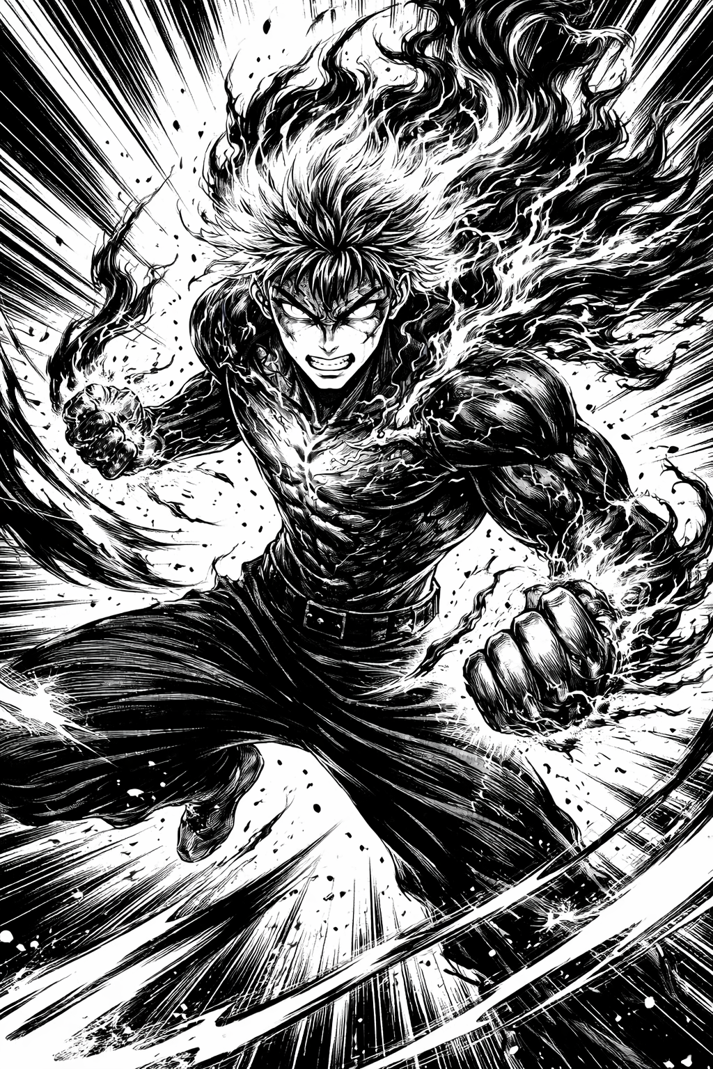 a black and white drawing of a man with a sword