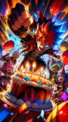 a birthday cake with lit candles surrounded by balloons and confetti, festive vertical composition, no text