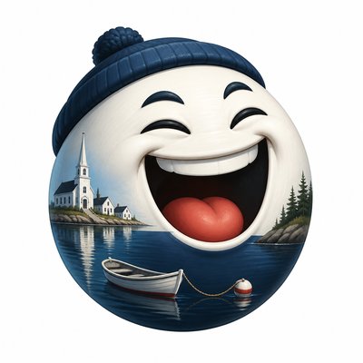 an exaggerated laughing face of an original round mascot character, bold and readable at small size, plain background, no text