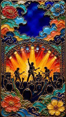 a live music scene with a glowing stage and silhouetted crowd, energetic vertical composition with open space at the top, no text
