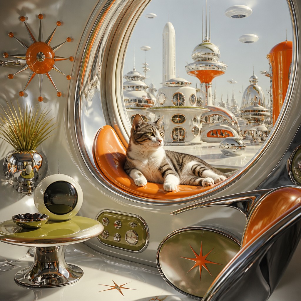 a cat lounging in a sunlit window — Space Age Aesthetic