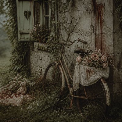 bicyle resting against a wall — Dark Cottagecore Aesthetic