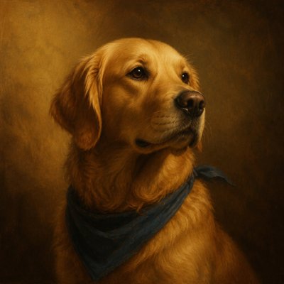 portrait of a golden retriever wearing a blue bandana, warm plain backdrop, no text