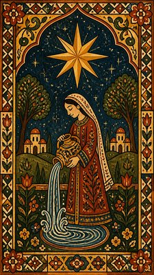 a robed figure pouring water beneath a large eight-pointed star in a night sky, symmetrical composition with an ornate decorative border, no text