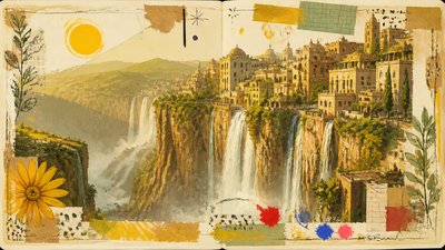 a cliffside city with waterfalls cascading into a misty canyon, wide establishing shot, no people, no text
