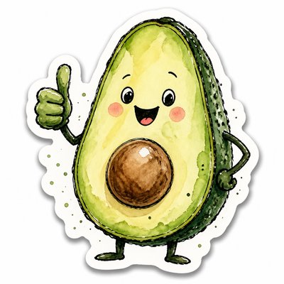 a happy avocado character giving a thumbs up, bold readable design on a plain background, no text
