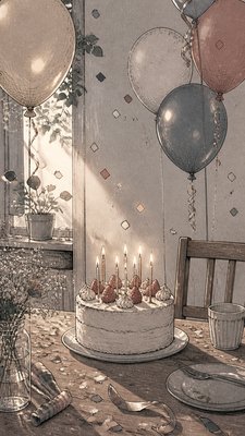 a birthday cake with lit candles surrounded by balloons and confetti, festive vertical composition, no text