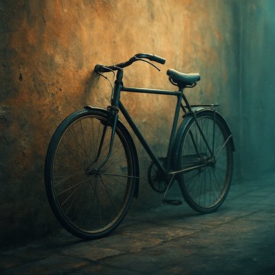 bicyle resting against a wall