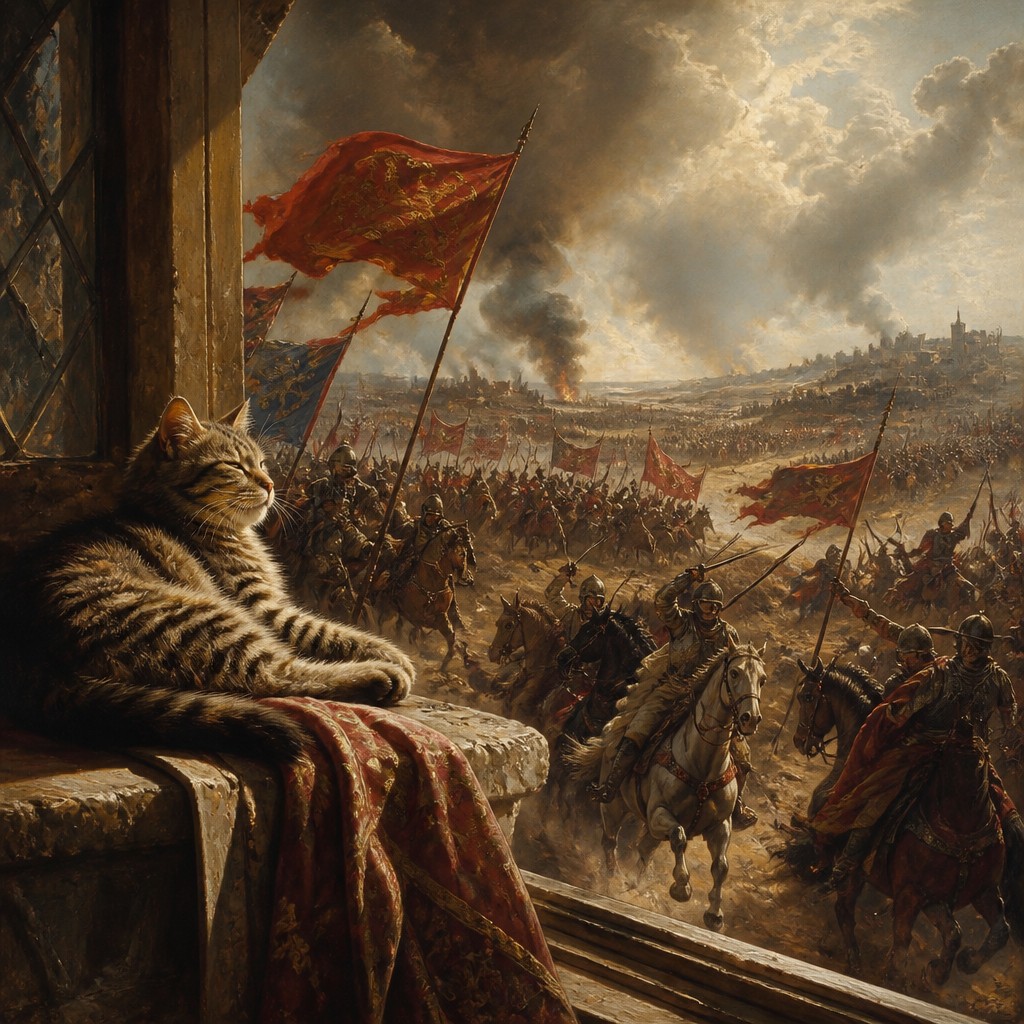 a cat lounging in a sunlit window — Battle Scene Painting Style