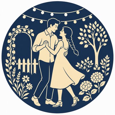 an original couple dancing under string lights in a garden at dusk: a man with short black hair in a linen shirt and a woman with braided red hair in a summer dress