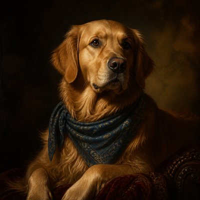 portrait of a golden retriever wearing a blue bandana, warm plain backdrop, no text
