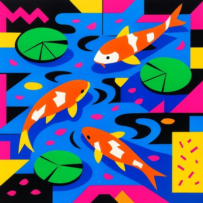 A koi pond seen from above, orange and white koi fish swimming among lily pads, clear water with subtle ripples, fallen cherry blossom petals floating on the surface, dappled sunlight