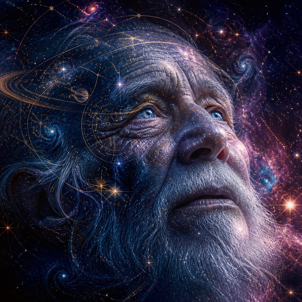close-up portrait of an elderly person with expressive weathered features — Spacecore Aesthetic