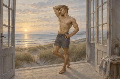 a painting of a man standing in front of an open door