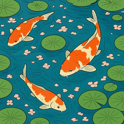 A koi pond seen from above, orange and white koi fish swimming among lily pads, clear water with subtle ripples, fallen cherry blossom petals floating on the surface, dappled sunlight