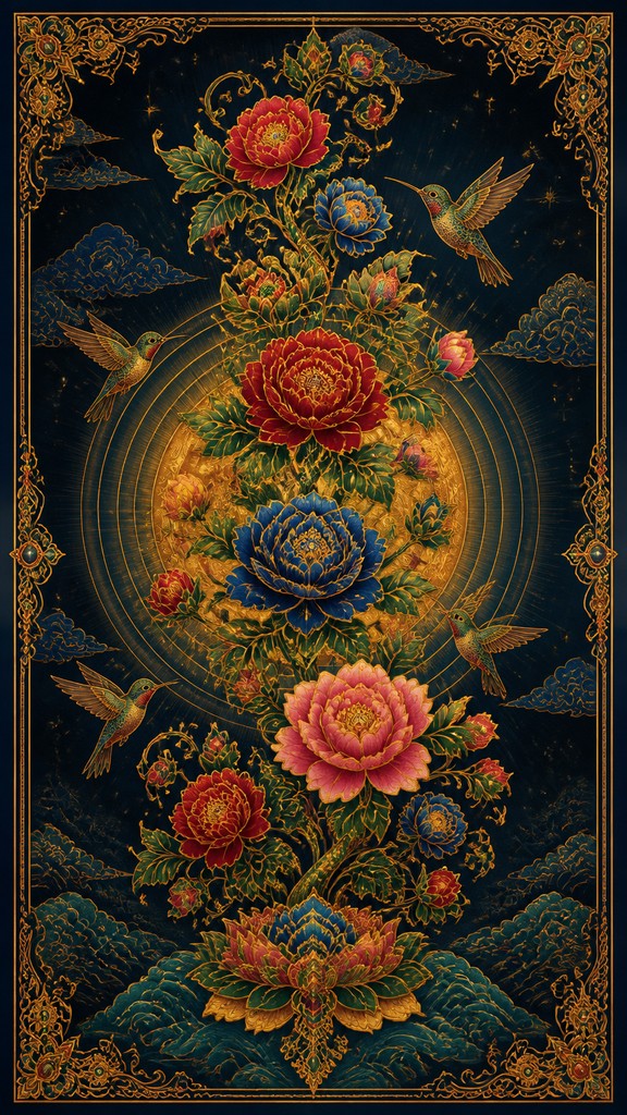 a climbing vine of flowers and hummingbirds on a dark background, tall wrapping composition, no text