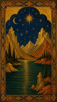 a tranquil mountain lake beneath a starry night sky, no people, no text