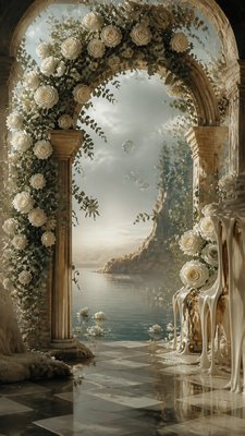 an arch of white roses and eucalyptus in soft morning light, elegant vertical composition with open space, no text