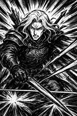 a drawing of a woman holding two swords