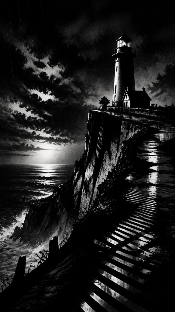 a lone lighthouse on a cliff at dusk under a dramatic sky, no text or lettering