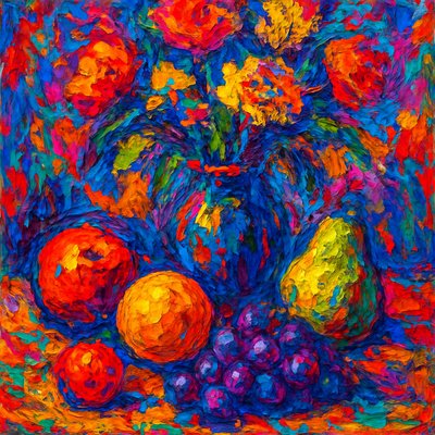 still life arrangement of fruits and flowers