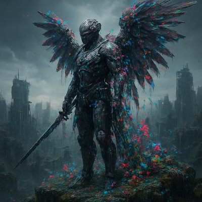 A futuristic cybernetic, dystopian, angel warrior, on a mountain top overlooking a deserted, broken city. Ultra-realistic. Extreme detail.