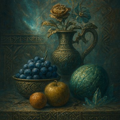 still life arrangement of fruits and flowers