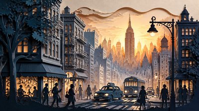 bustling city street panorama at dusk