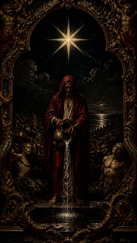 a robed figure pouring water beneath a large eight-pointed star in a night sky, symmetrical composition with an ornate decorative border, no text