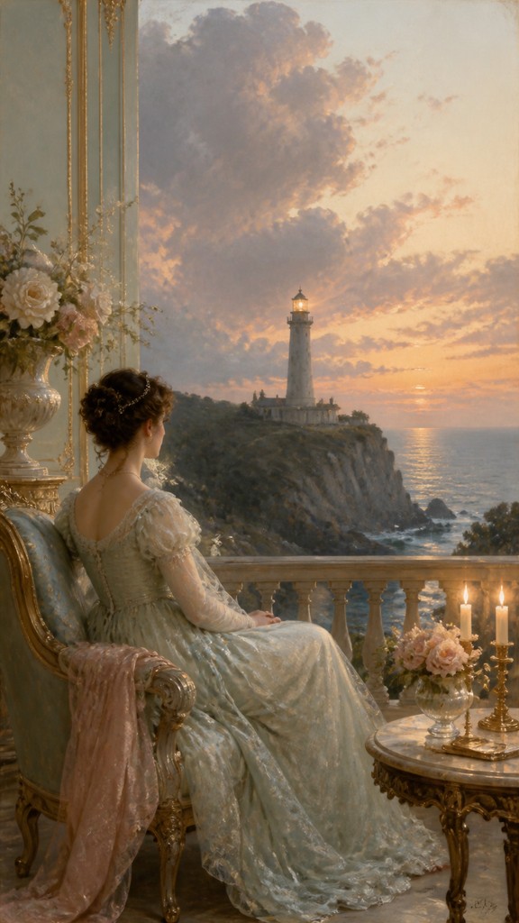 a lone lighthouse on a cliff at dusk under a dramatic sky, no text or lettering