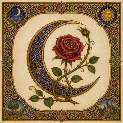 a rose entwined with a crescent moon, clean balanced composition on a plain background, no text