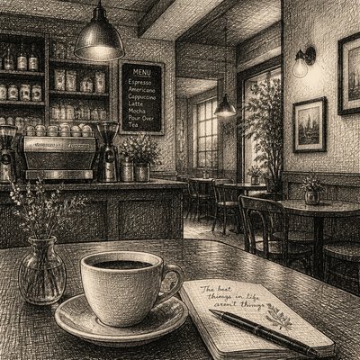 cozy cafe interior with warm lighting