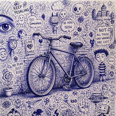 bicyle resting against a wall — Doodle Art Style