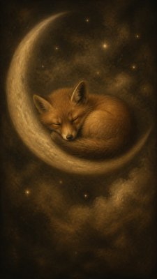 a sleeping baby fox curled on a crescent moon among soft stars, gentle and warm, no text