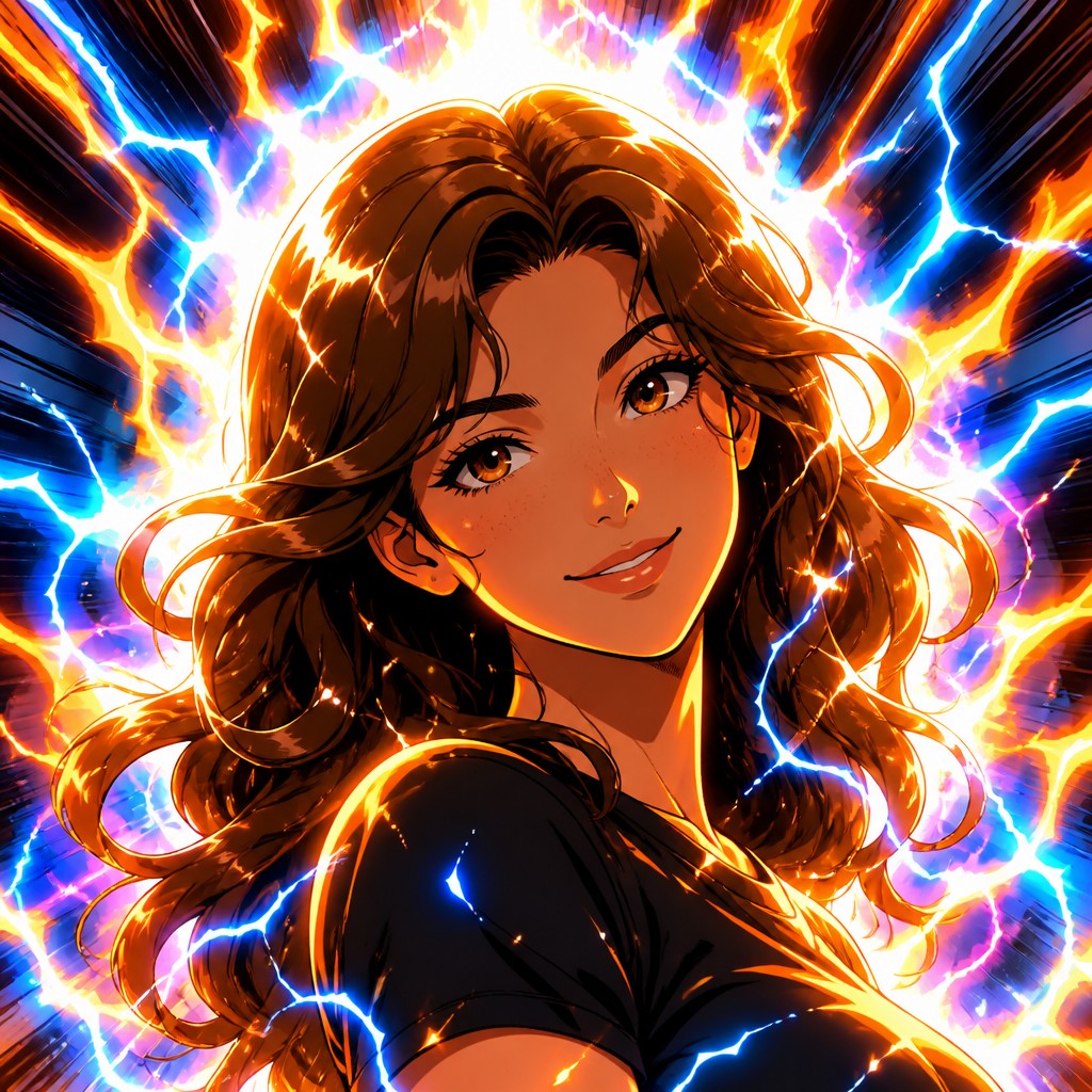 head-and-shoulders portrait of an original character: a young woman with wavy chestnut hair and a warm smile, plain soft backdrop